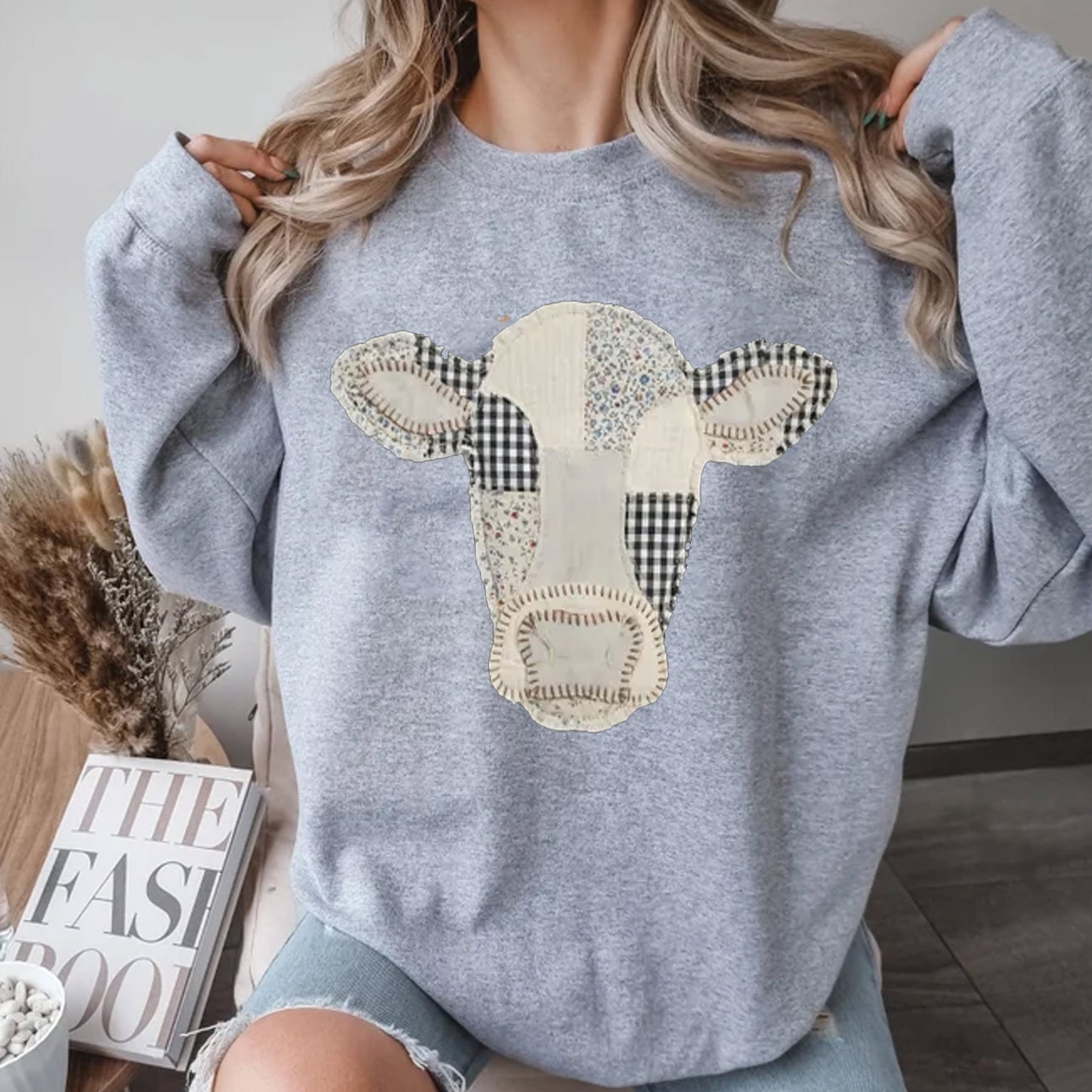 Faux Patchwork Cow T-Shirt, Quilted Farm Animal Head Tee