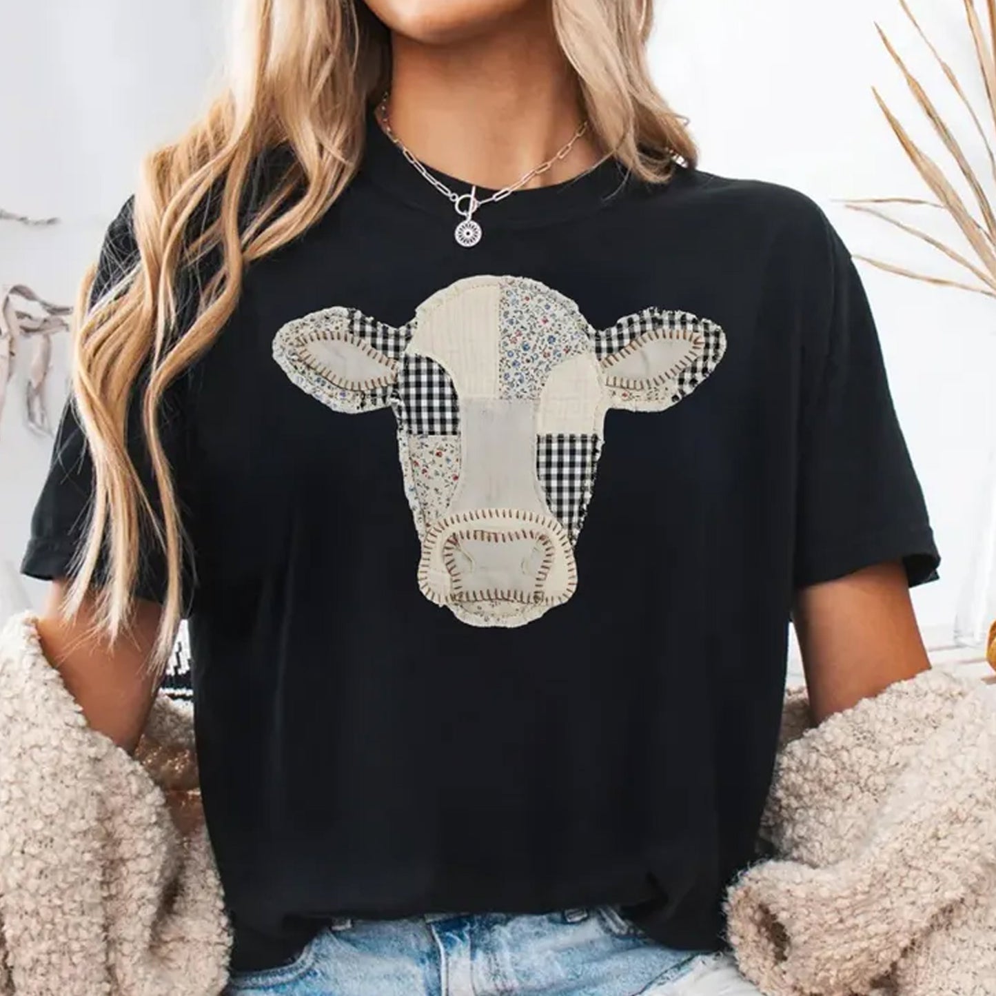 Faux Patchwork Cow T-Shirt, Quilted Farm Animal Head Tee
