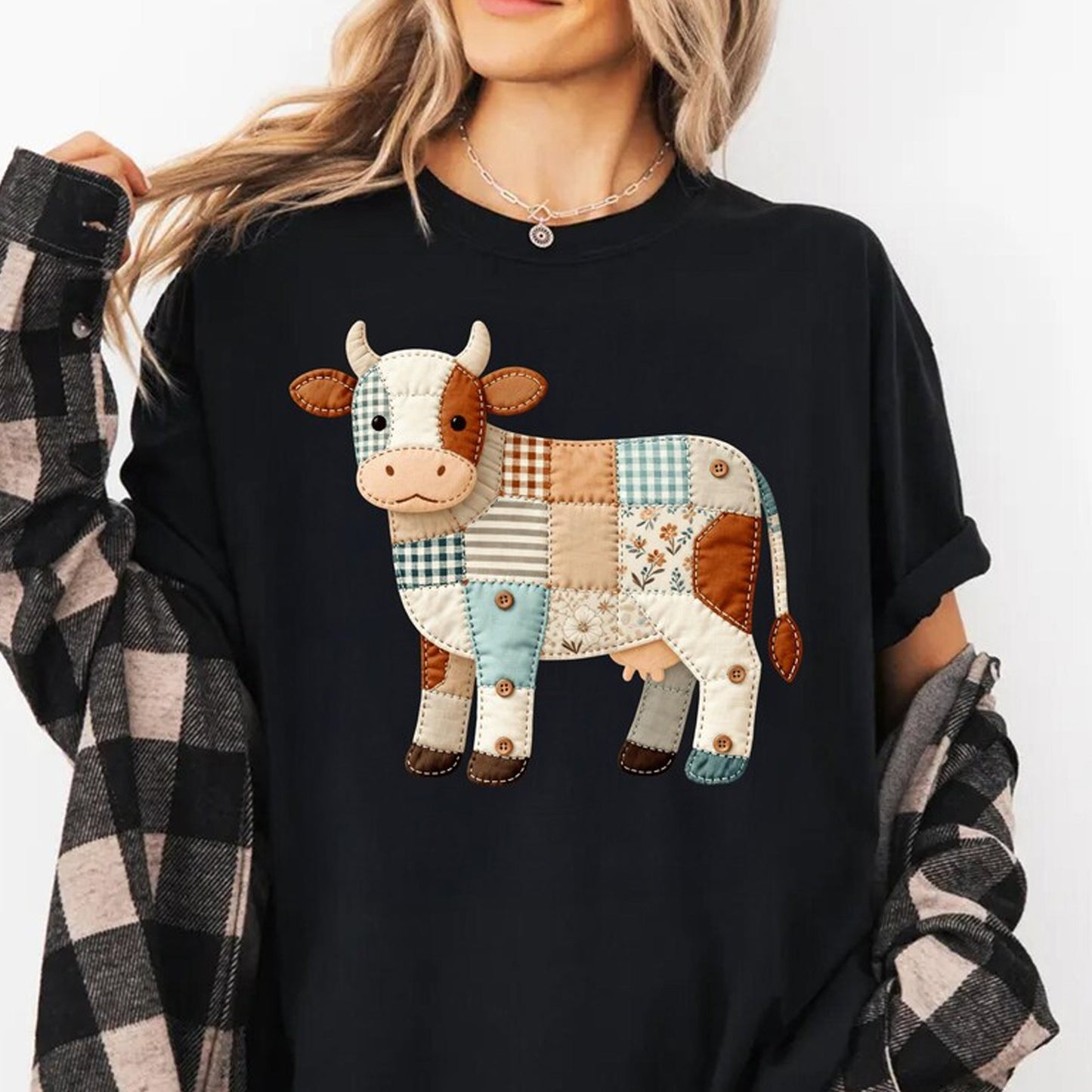 Faux Patchwork Cow T-Shirt, Quilted Farm Animal Tee,
