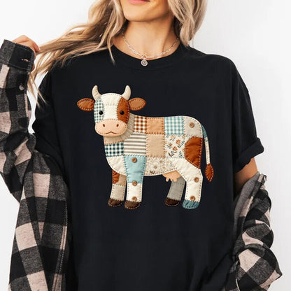Faux Patchwork Cow T-Shirt, Quilted Farm Animal Tee,