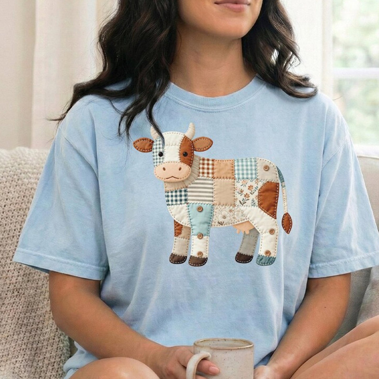 Faux Patchwork Cow T-Shirt, Quilted Farm Animal Tee,