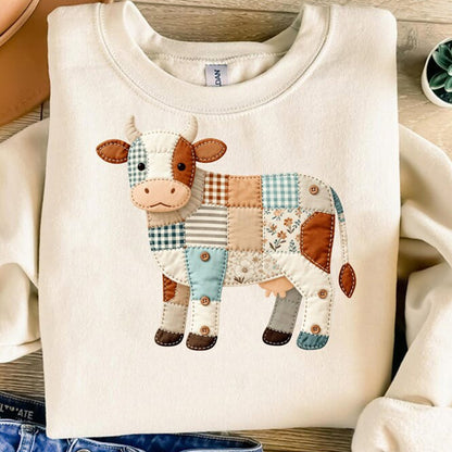 Faux Patchwork Cow T-Shirt, Quilted Farm Animal Tee,