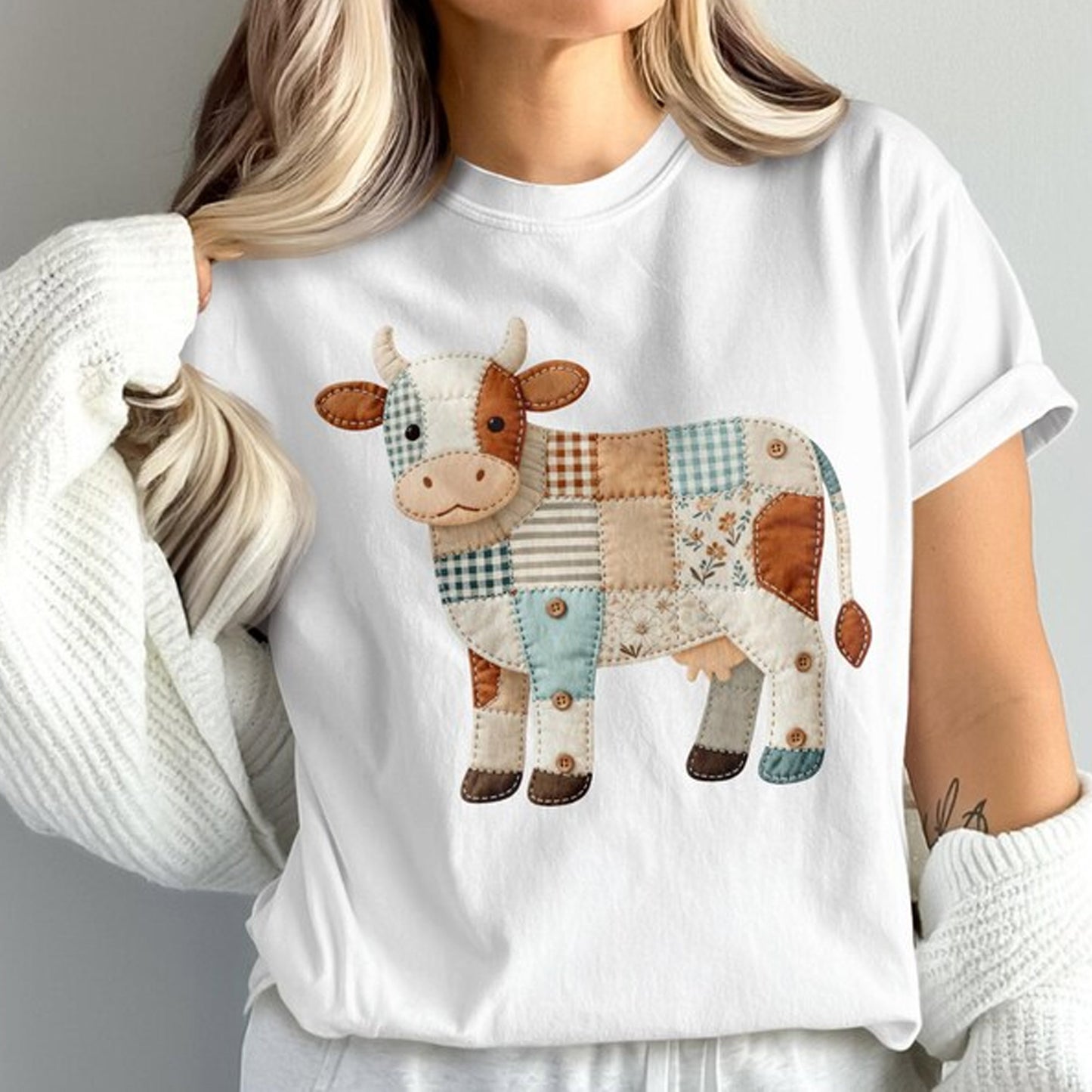 Faux Patchwork Cow T-Shirt, Quilted Farm Animal Tee,