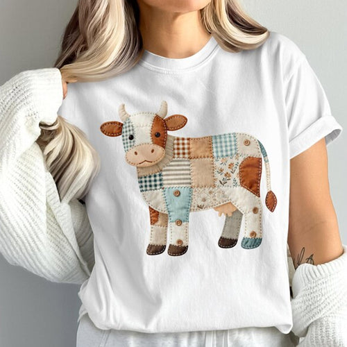 Faux Patchwork Cow T-Shirt, Quilted Farm Animal Tee,