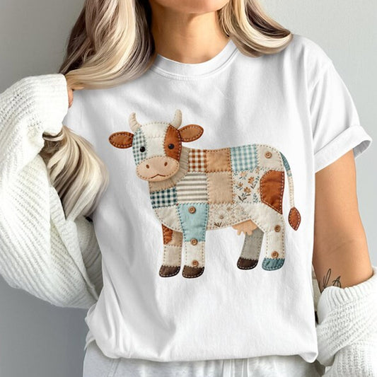 Faux Patchwork Cow T-Shirt, Quilted Farm Animal Tee,