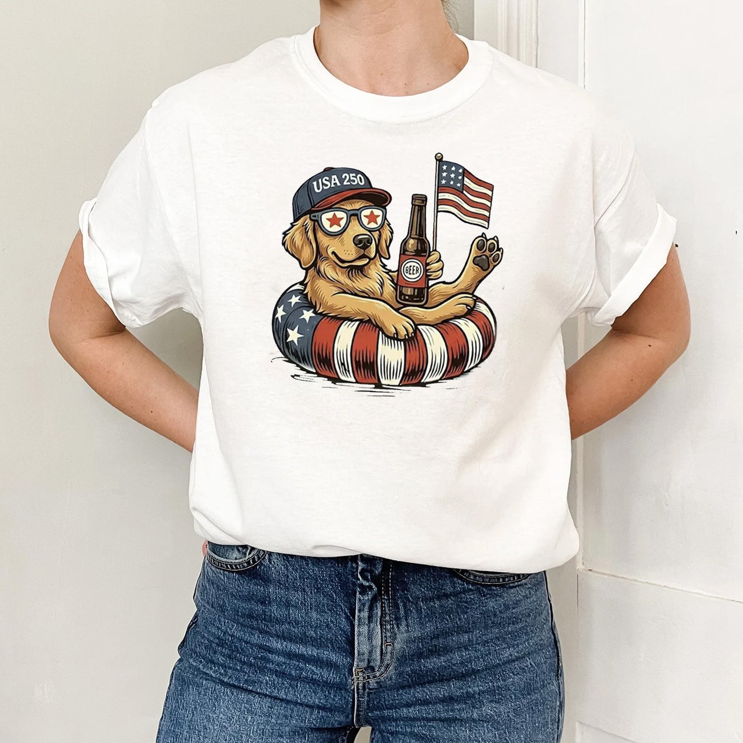 Patriotic Golden Dog Lover Hoodie, Funny USA 250 Years Beer Tee