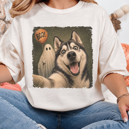 Husky Halloween Shirt, Ghost Selfie Dog Tee, Vintage Spooky Artwork