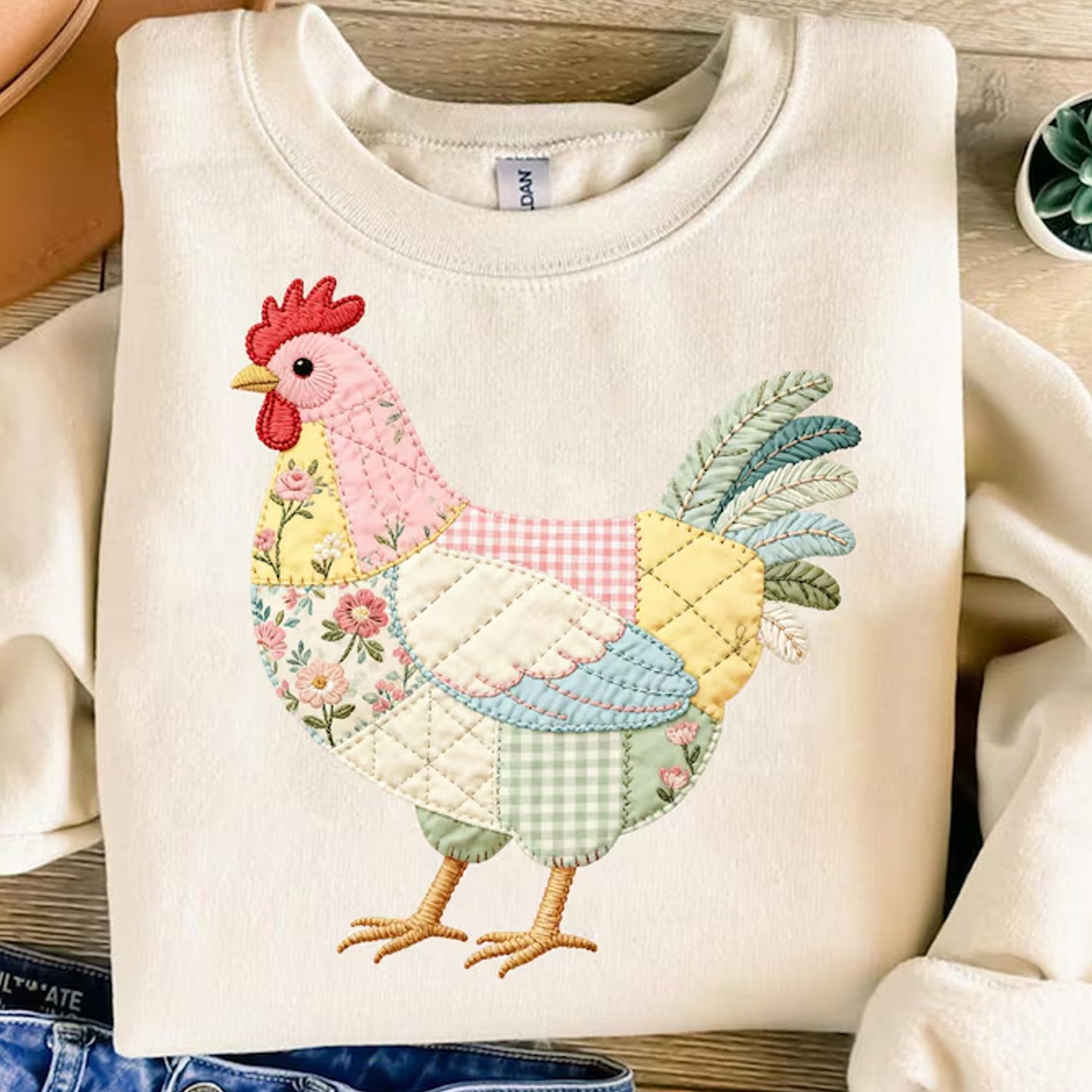 Faux Patchwork Effect Chicken T-Shirt, Quilted Farmhouse Hen Shirt