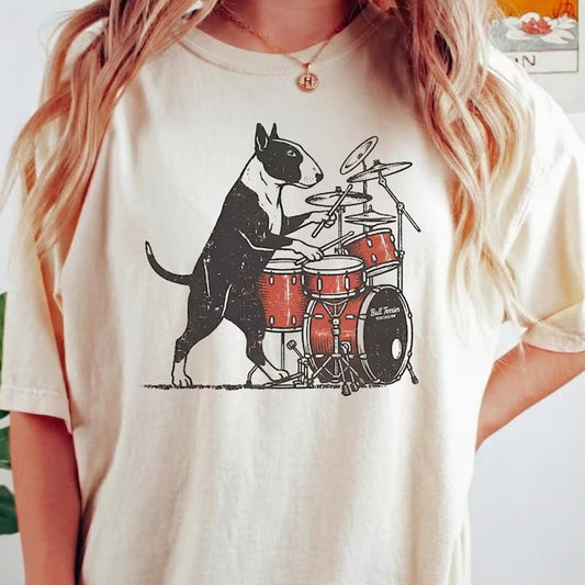 Bull Terrier Rock T-Shirt, Funny Drumming Dog Tee