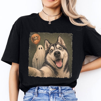 Husky Halloween Shirt, Ghost Selfie Dog Tee, Vintage Spooky Artwork