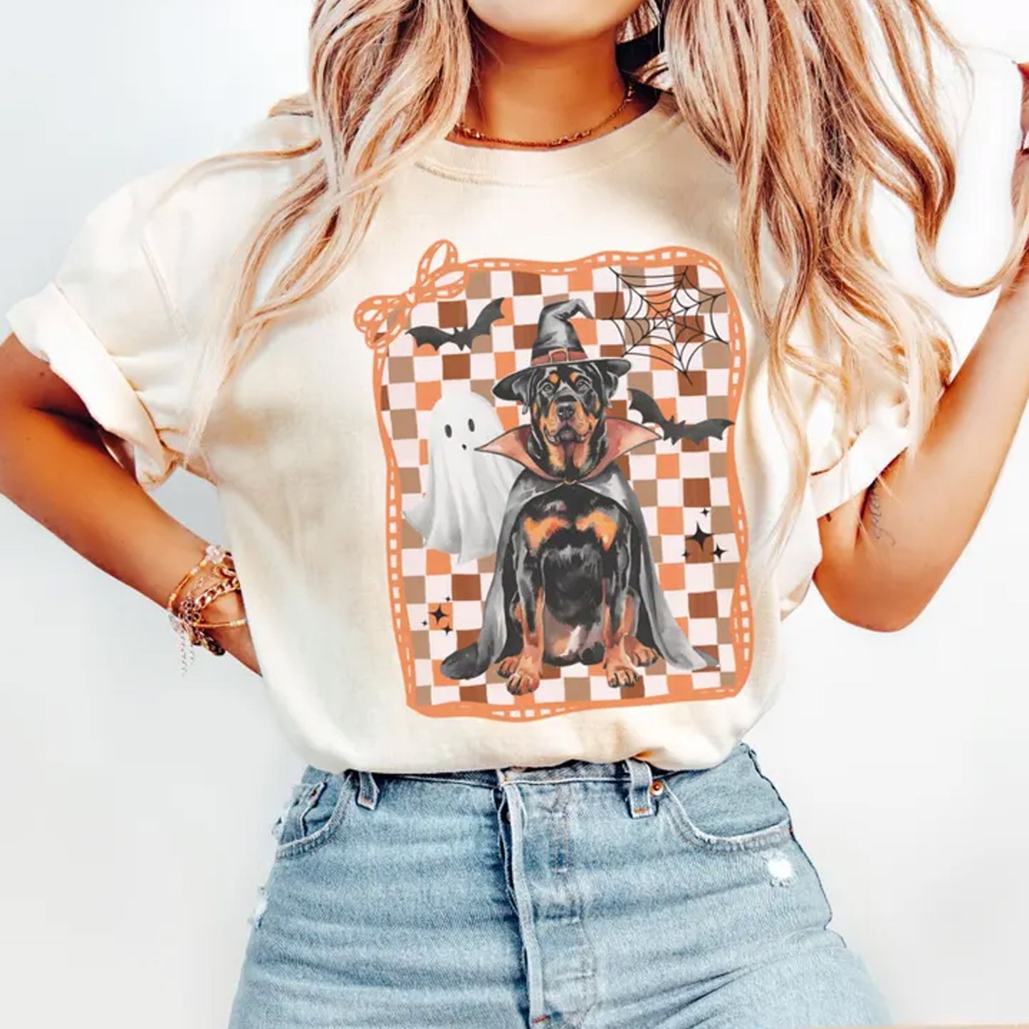 Halloween Rottweiler Shirt, Ghost Dog Checkered Tee