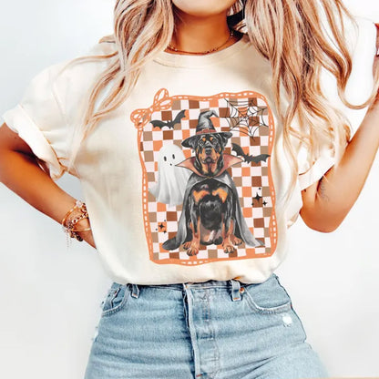 Halloween Rottweiler Shirt, Ghost Dog Checkered Tee