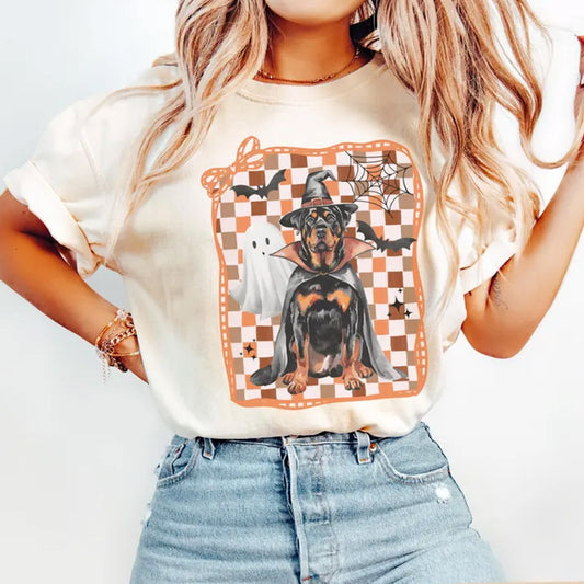 Halloween Rottweiler Shirt, Ghost Dog Checkered Tee