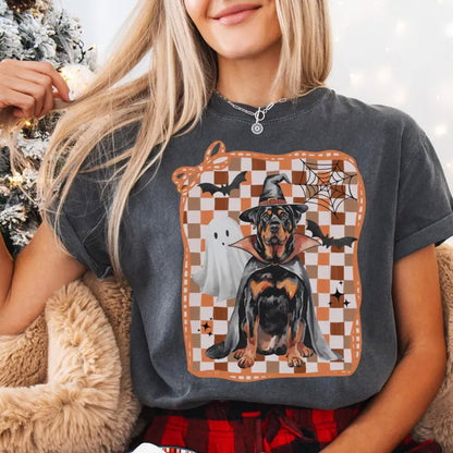 Halloween Rottweiler Shirt, Ghost Dog Checkered Tee