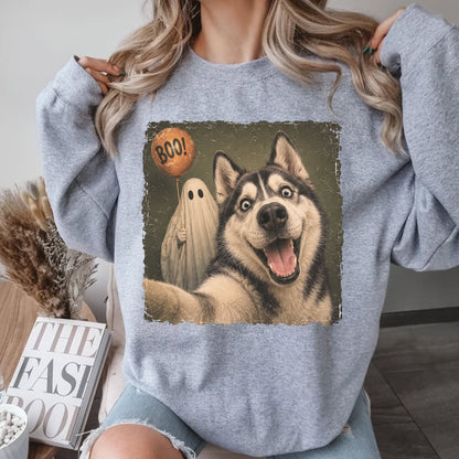 Husky Halloween Shirt, Ghost Selfie Dog Tee, Vintage Spooky Artwork