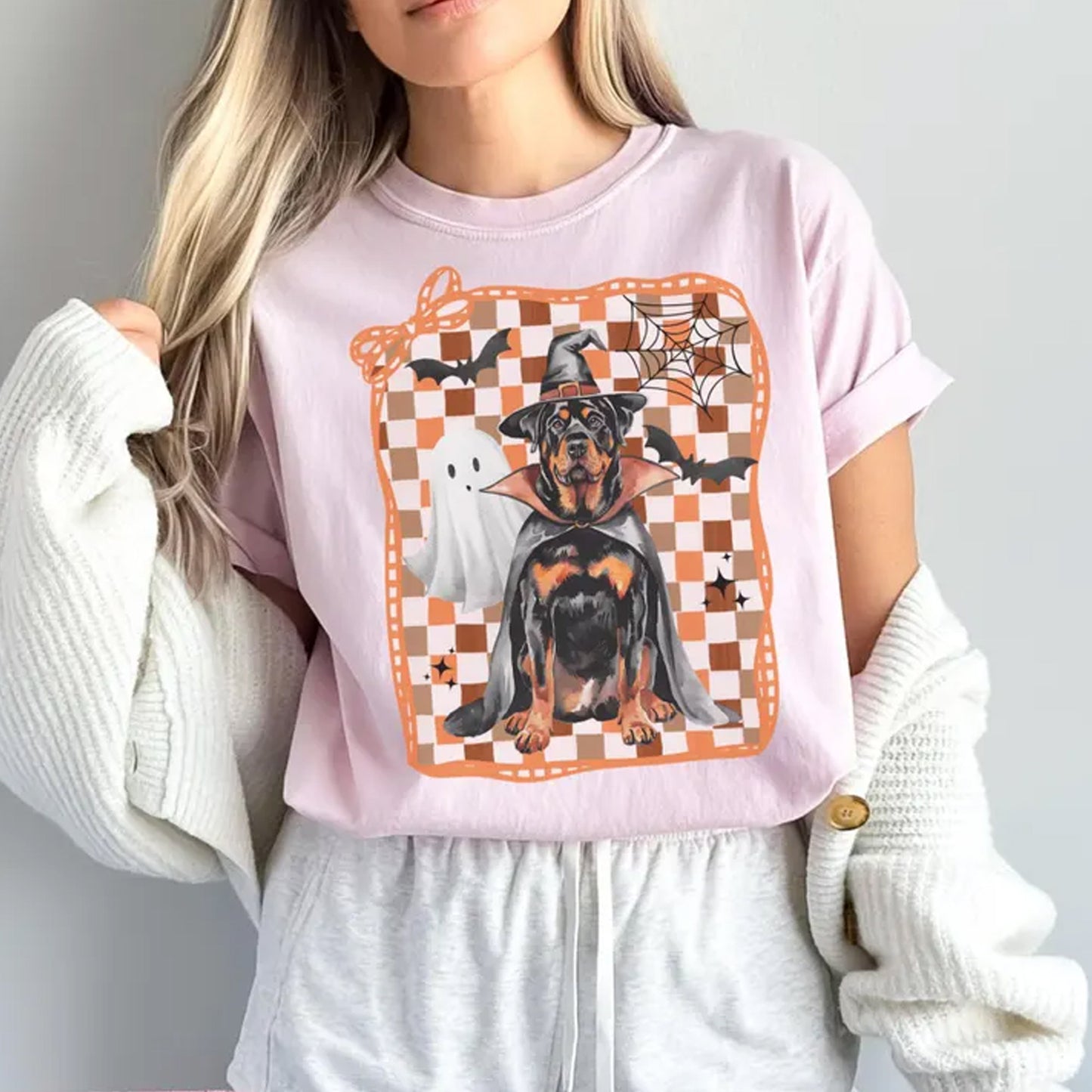 Halloween Rottweiler Shirt, Ghost Dog Checkered Tee