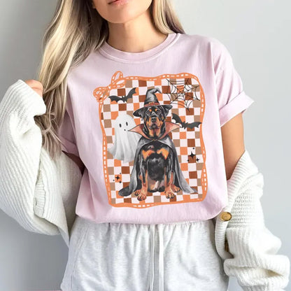 Halloween Rottweiler Shirt, Ghost Dog Checkered Tee