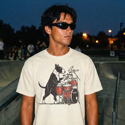 Bull Terrier Rock T-Shirt, Funny Drumming Dog Tee