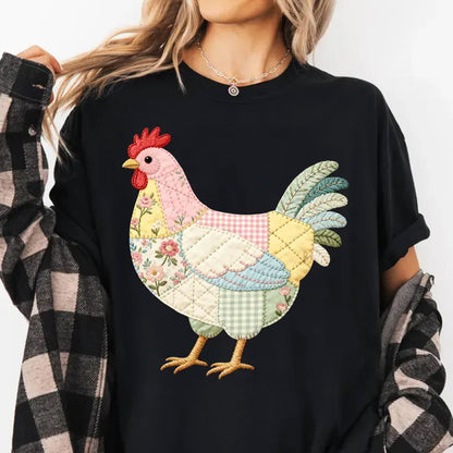 Faux Patchwork Effect Chicken T-Shirt, Quilted Farmhouse Hen Shirt