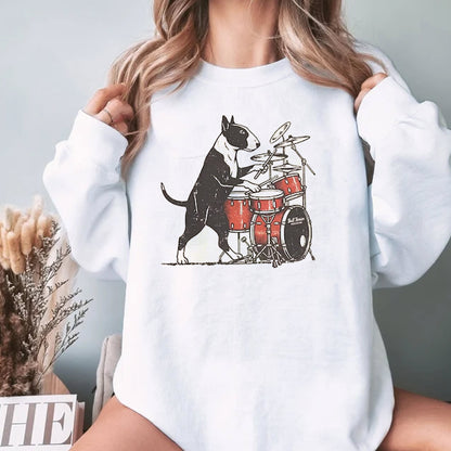 Bull Terrier Rock T-Shirt, Funny Drumming Dog Tee