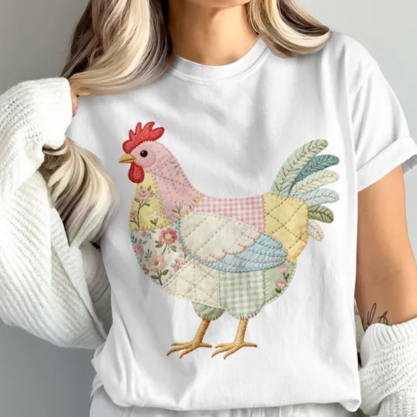 Faux Patchwork Effect Chicken T-Shirt, Quilted Farmhouse Hen Shirt