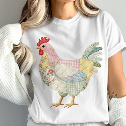 Faux Patchwork Effect Chicken T-Shirt, Quilted Farmhouse Hen Shirt