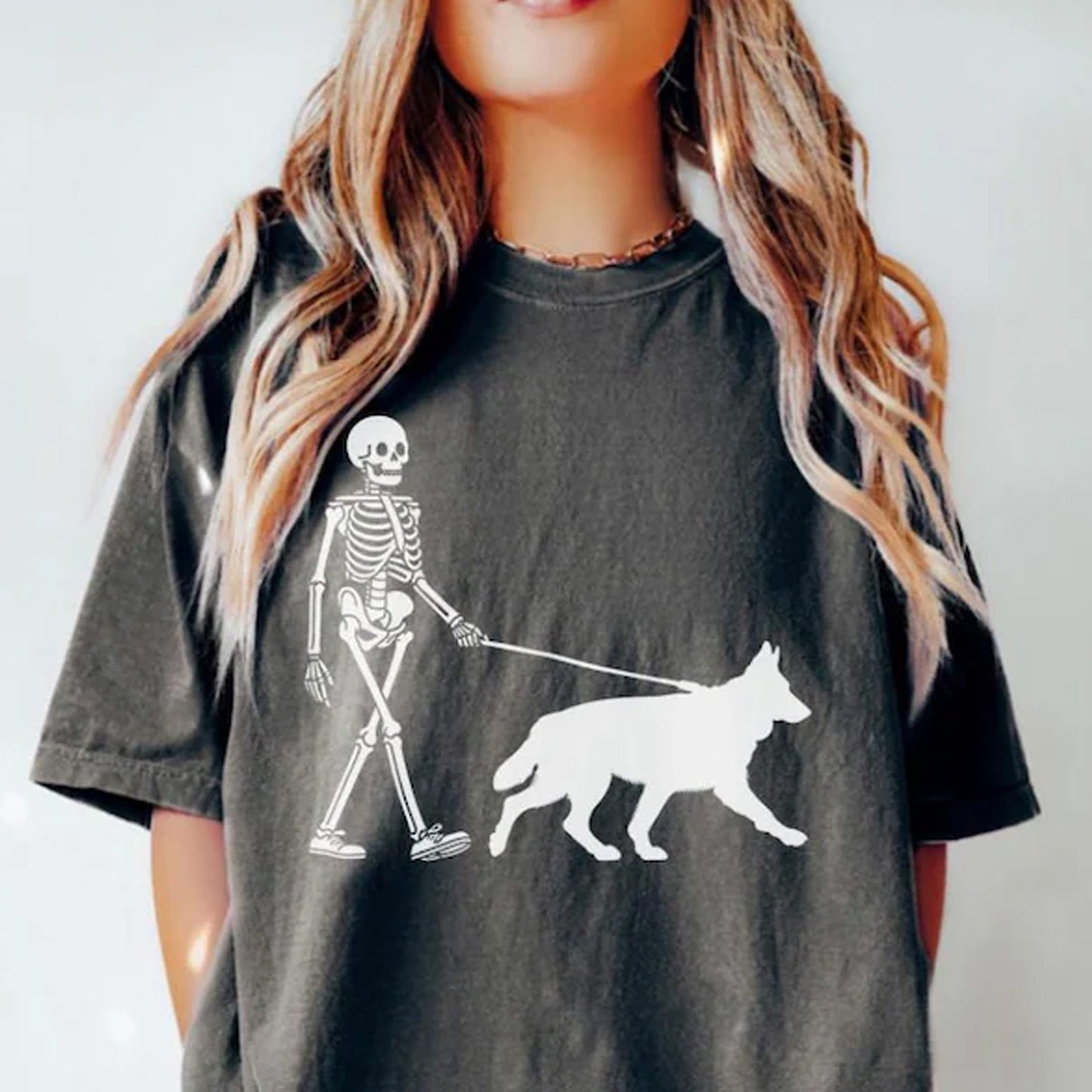 German Shepherd Halloween Shirt, Skeleton Walking Dog Sweatshirt