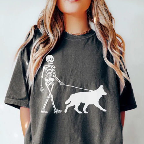 German Shepherd Halloween Shirt, Skeleton Walking Dog Sweatshirt
