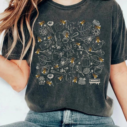 Vintage Bee Botanical T-Shirt, Honeycomb Doodle Shirt, Unique Honey Bees Shirt