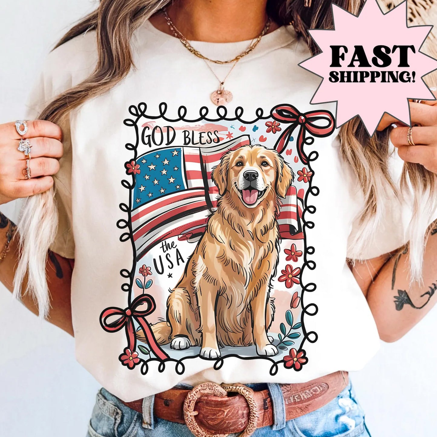 Fourth of July Shirt Patriotic Puppy Shirt Golden Retriever Dog Shirt