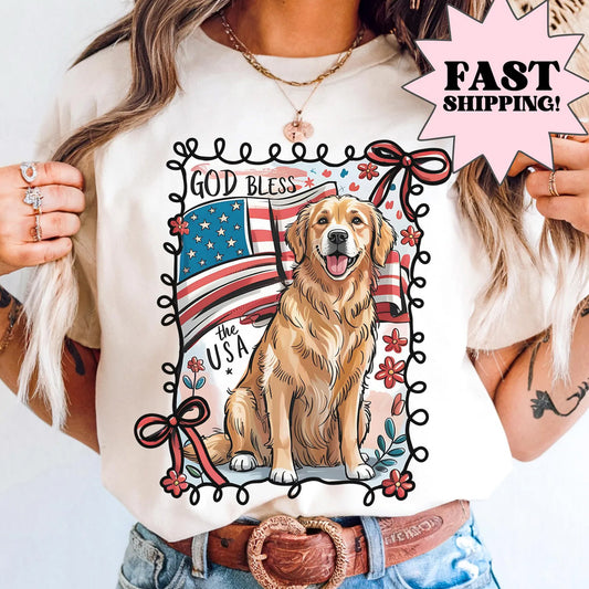 Fourth of July Shirt Patriotic Puppy Shirt Golden Retriever Dog Shirt