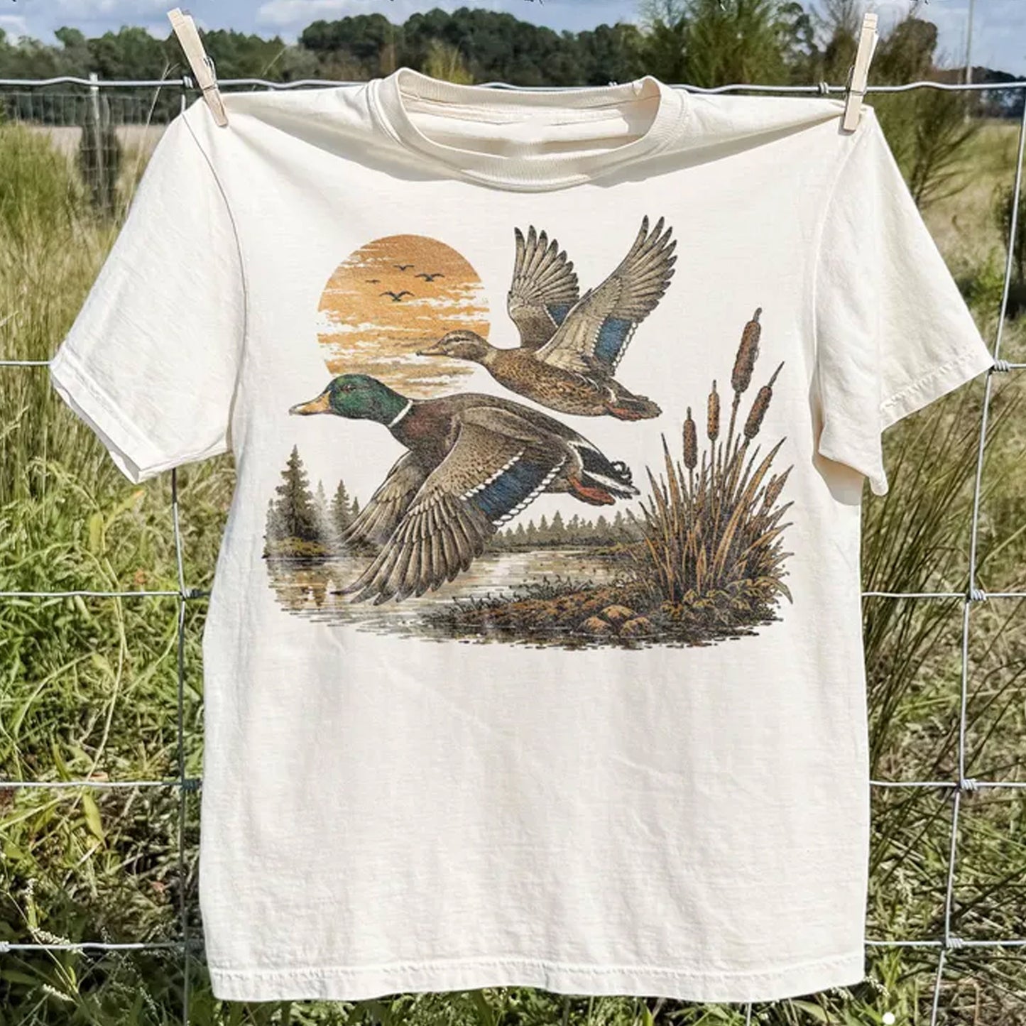Retro Flying Mallard Duck Shirt, Classic Waterfowl Hunting Tee