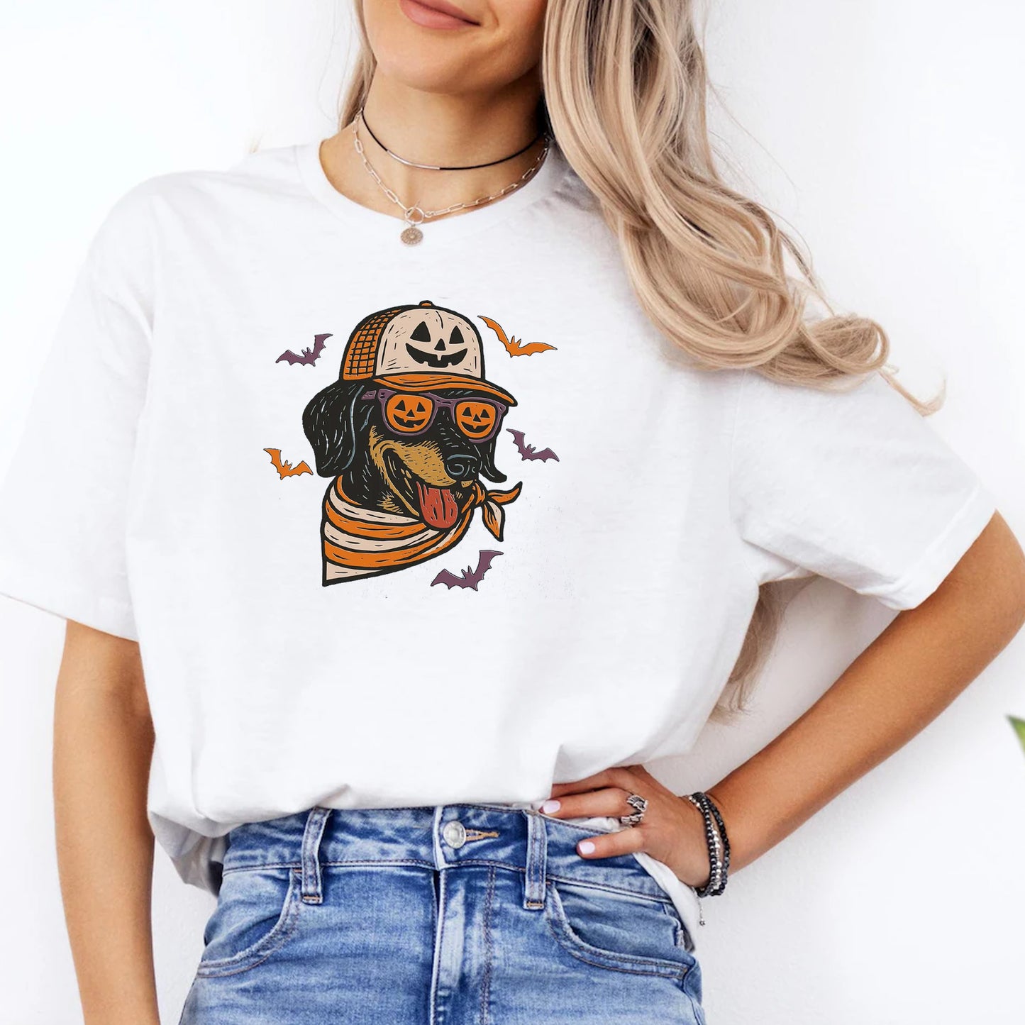 Dachshund with Pumpkin Trucker Hat and Sunglasses Shirt