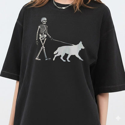 German Shepherd Halloween Shirt, Skeleton Walking Dog Sweatshirt