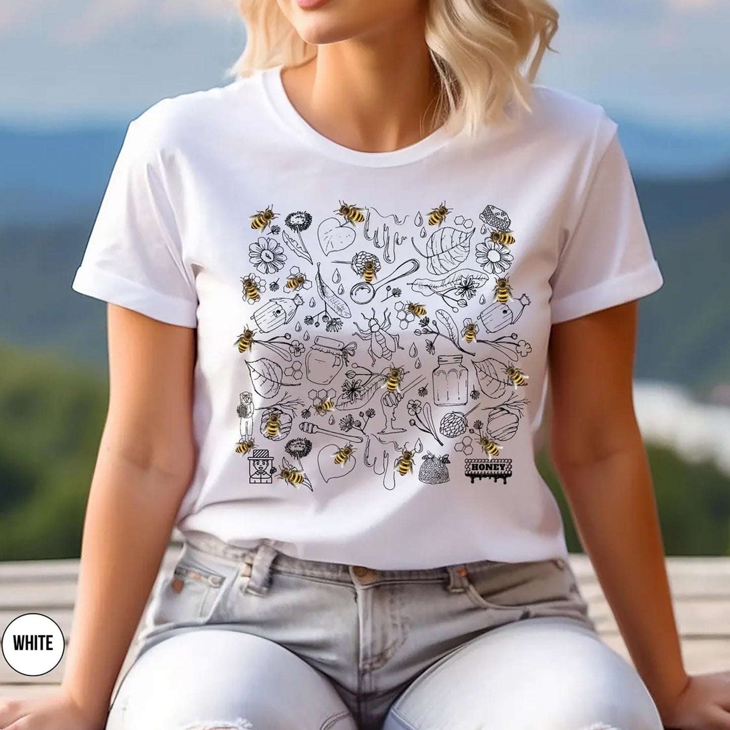 Vintage Bee Botanical T-Shirt, Honeycomb Doodle Shirt, Unique Honey Bees Shirt