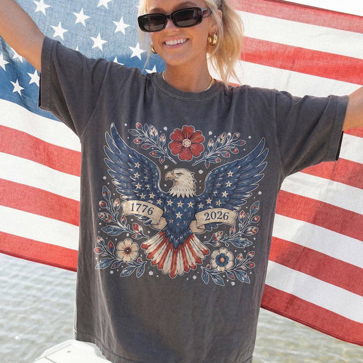 USA 250 Years Of Freedom Eagle Shirt, Patriotic Floral Eagle Graphic Tee