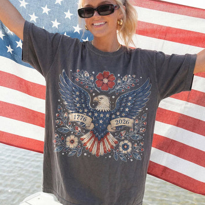 USA 250 Years Of Freedom Eagle Shirt, Patriotic Floral Eagle Graphic Tee