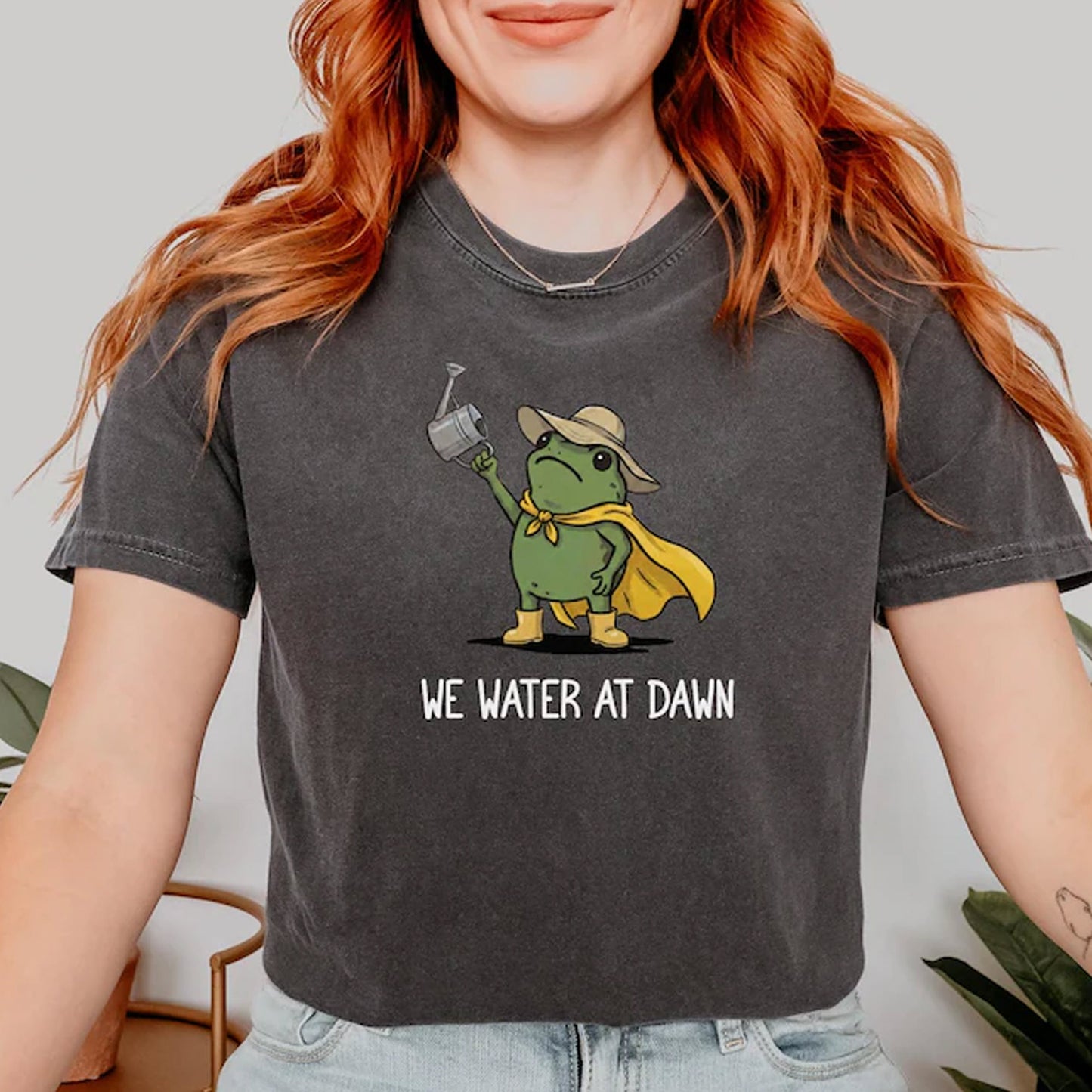 We Water At Dawn Gardening Shirt, Funny Frog Meme Plant Lover TShirt