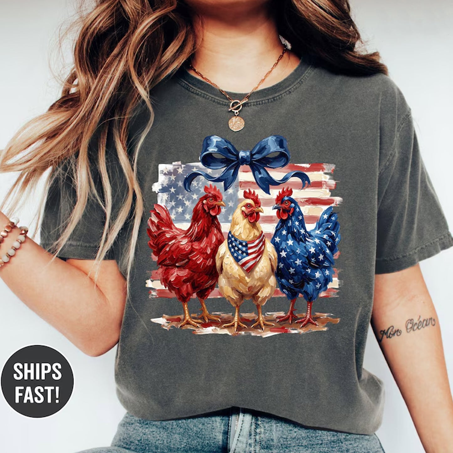 Patriotic Chicken Shirt Americana Farm Tee Fourth of July Shirt USA Flag Rooster Tee