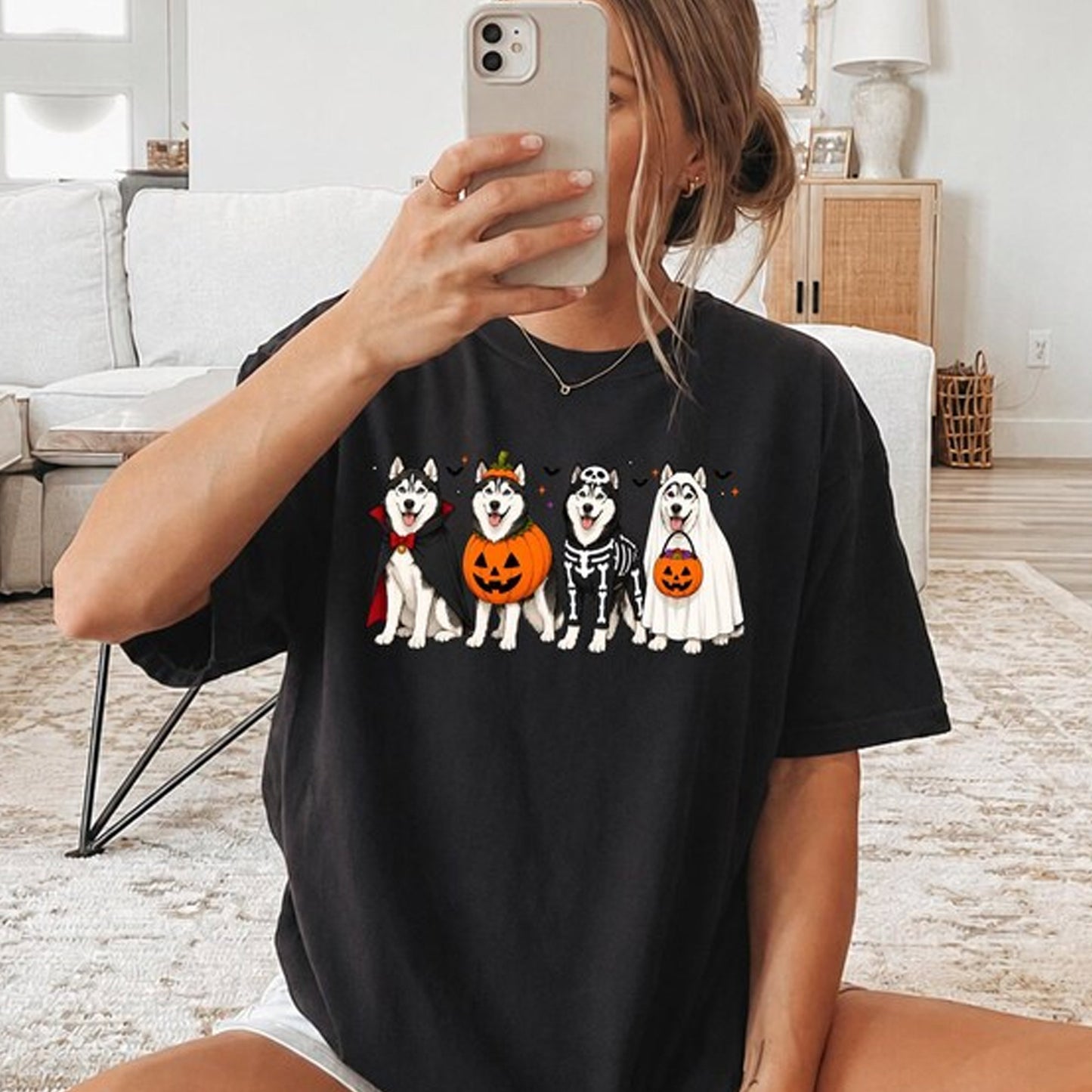 Funny Husky Costume Tee, Cute Pumpkin Ghost Skeleton Dog Shirt