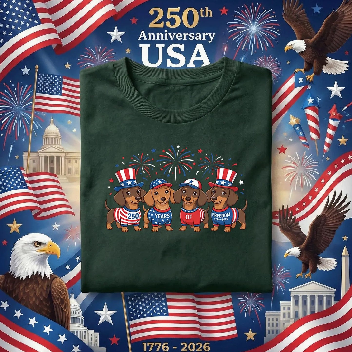 America 250 Dachshund Shirt, Patriotic Wiener Dog Fourth of July Tee