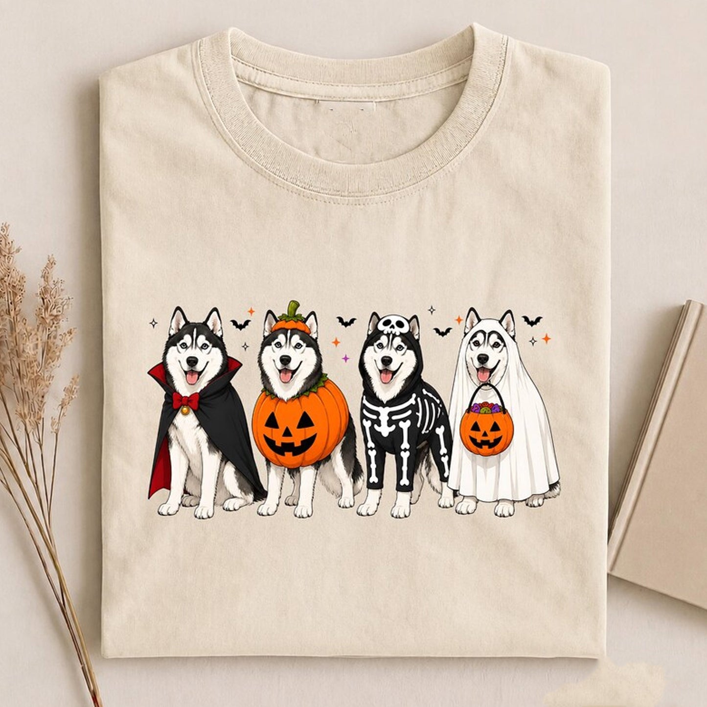 Funny Husky Costume Tee, Cute Pumpkin Ghost Skeleton Dog Shirt