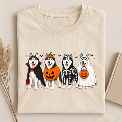Funny Husky Costume Tee, Cute Pumpkin Ghost Skeleton Dog Shirt