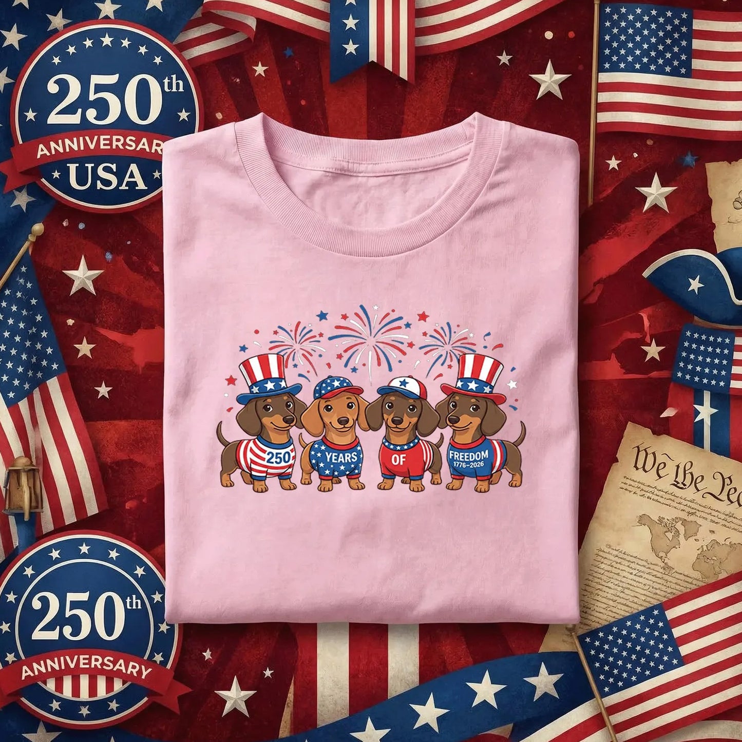 America 250 Dachshund Shirt, Patriotic Wiener Dog Fourth of July Tee