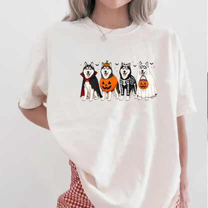 Funny Husky Costume Tee, Cute Pumpkin Ghost Skeleton Dog Shirt