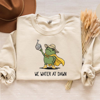 We Water At Dawn Gardening Shirt, Funny Frog Meme Plant Lover TShirt