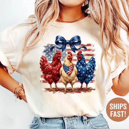 Patriotic Chicken Shirt Americana Farm Tee Fourth of July Shirt USA Flag Rooster Tee