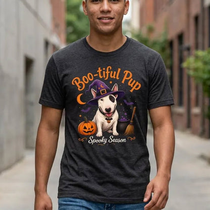 Boo-tiful Pup Tee, Bull Terrier Dog in Witch Hat, Pumpkin, Halloween Crewneck
