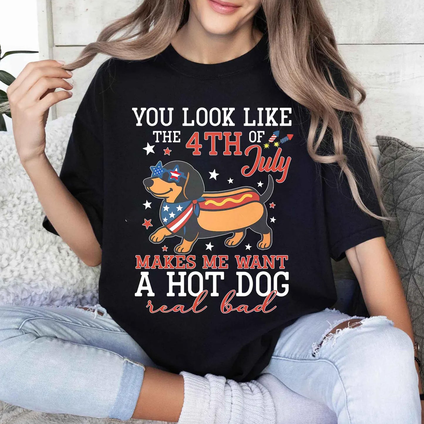 4th of July Hot Dog Shirt, Funny Wiener Dog Crewneck