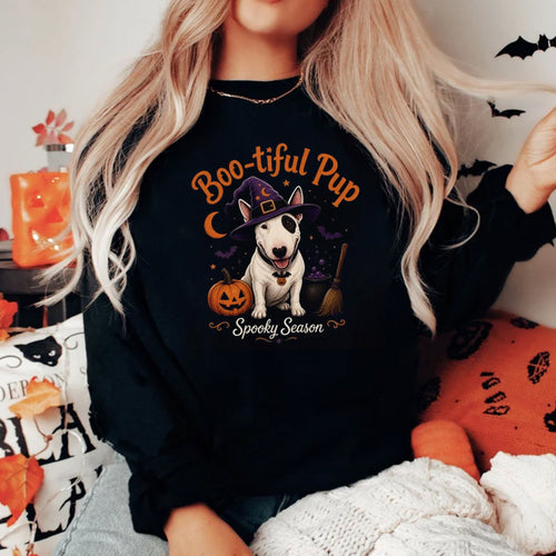Boo-tiful Pup Tee, Bull Terrier Dog in Witch Hat, Pumpkin, Halloween Crewneck